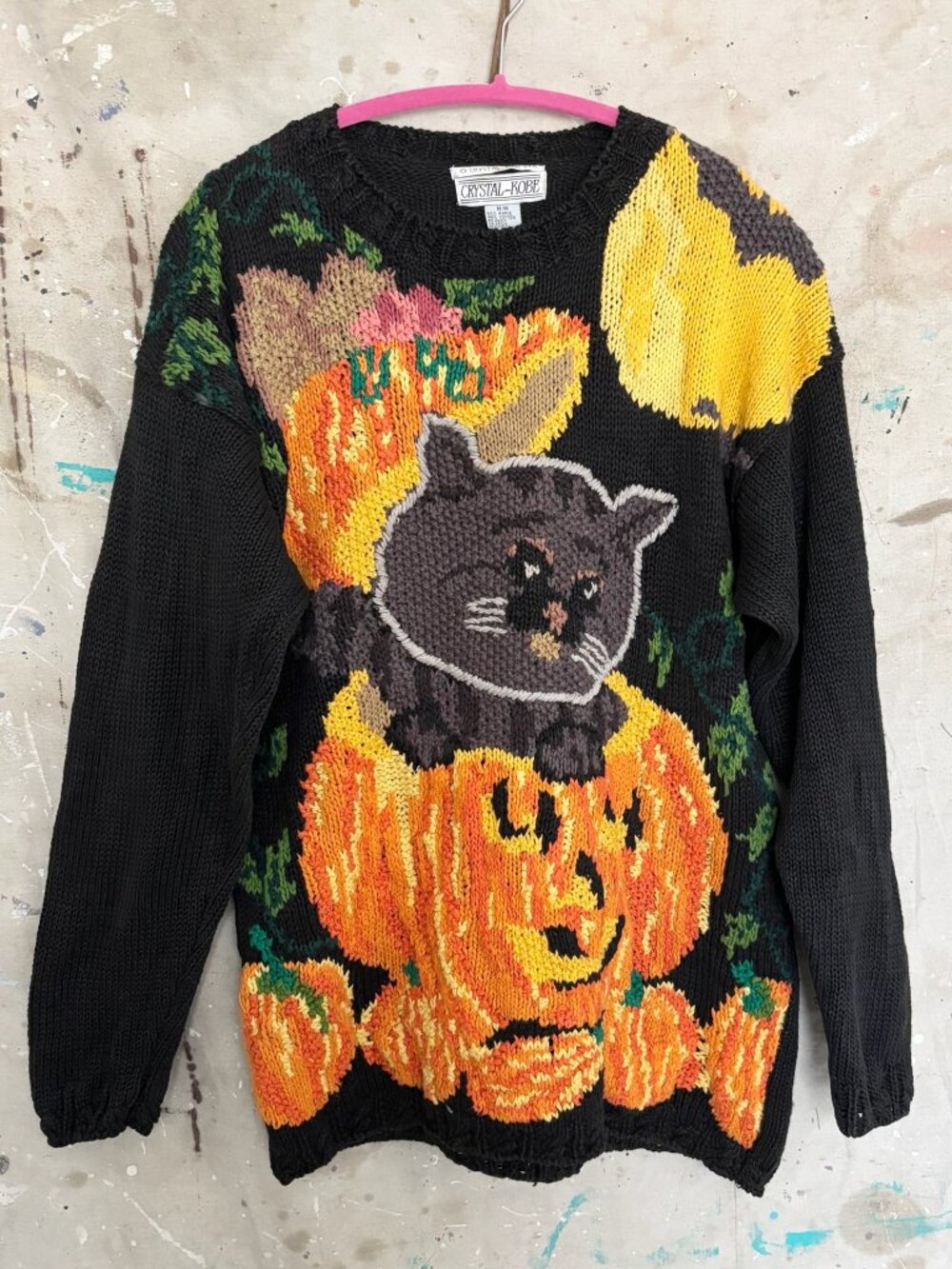 Vintage 90s Crystal Kobe Black Cat Pumpkin Halloween Full Moon Oversized Sweater